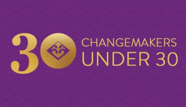 30 Changemakers Under 30 in gold text on purple pattern